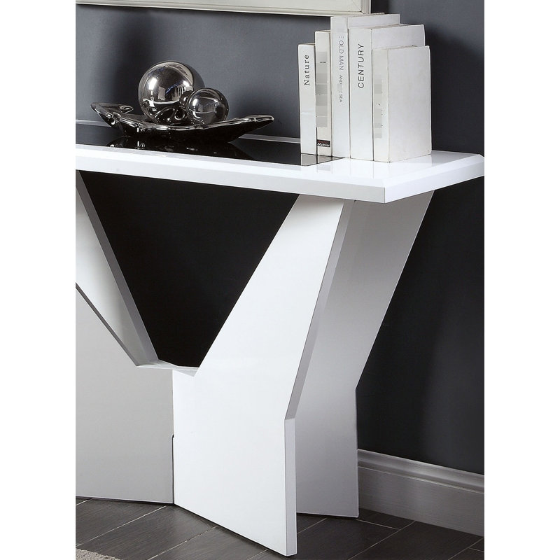 Table blanche contemporaine 1Pc avec finition ultrabrillante et base géométrique, style moderne avec élément en verre