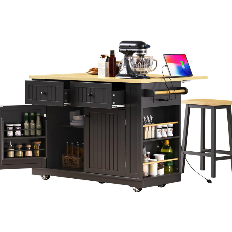 Large Rolling Kitchen Island With Drop Leaf, Power Outlet, Internal Storage Racks, 5 Open Side Racks, 2 Drawers, An Adjustable Shelf