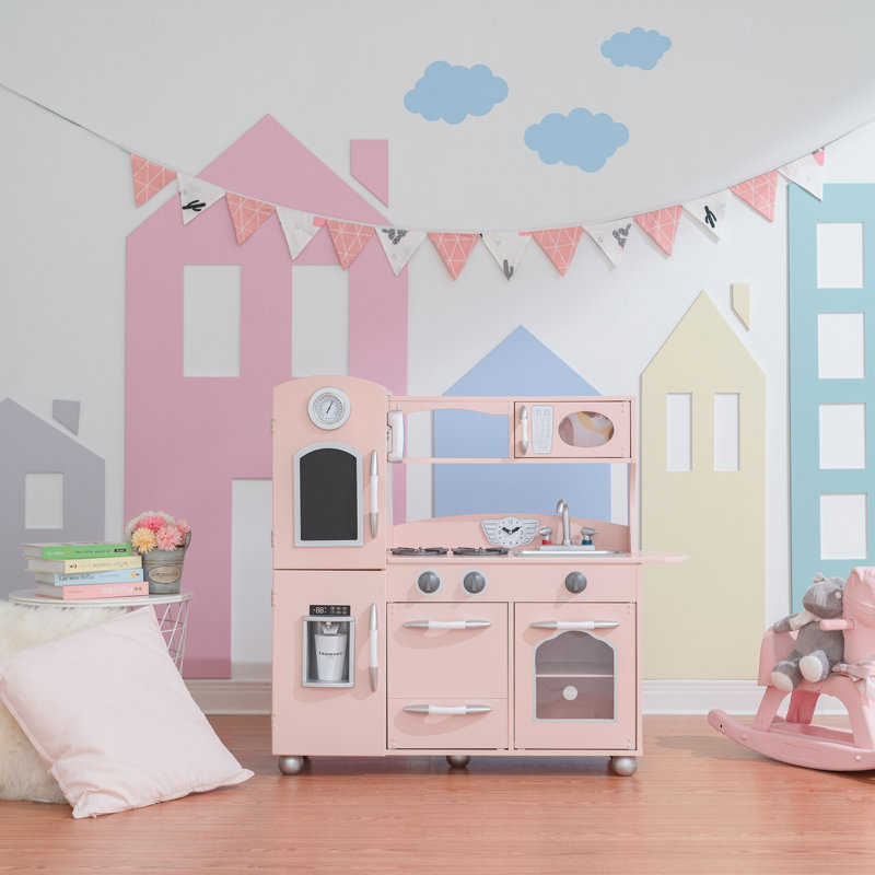 Cuisine de jeu en bois pour enfants avec tableau noir, semblant de machine à glaçons et accessoires Teamson Kids, Rose