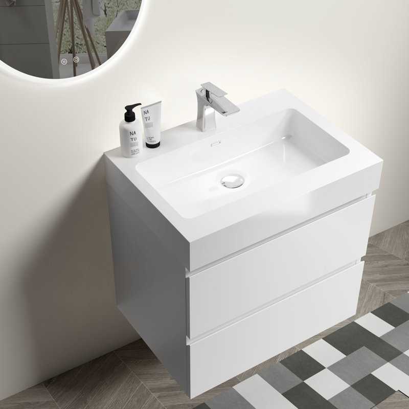 Lavabo intégré à surface solide blanc brillant - Indispensable pour salle de bain moderne sans bonde et robinetterie, 24"