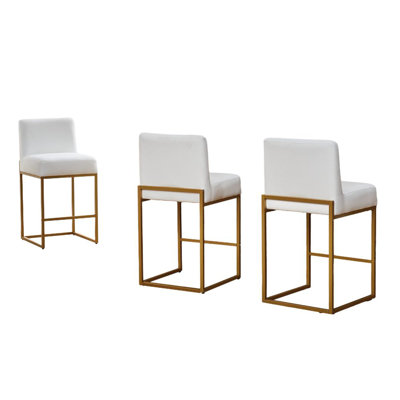26" Counter Height Barstools Stools Set of 3, with Snow White Linen Fabric Matte Metal Base