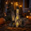 Maison hantée lumineuse en carton, à poser sur une table, fonctionnant à piles, fini noir et beige, idéale pour Halloween.