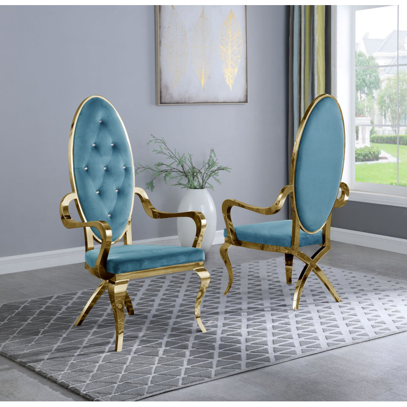Tufted Velvet Upholstered Armchair, Gold, Teal Velvet
