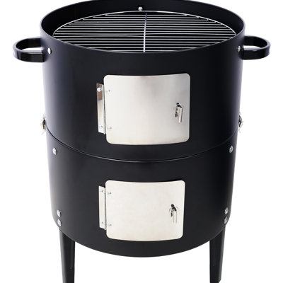 17 Inch Black Steel Grill With Adjustable Heat And Spacious Cooking Grids For Outdoor Parties Cooker Versatile Options Convenient Dual Access Doors