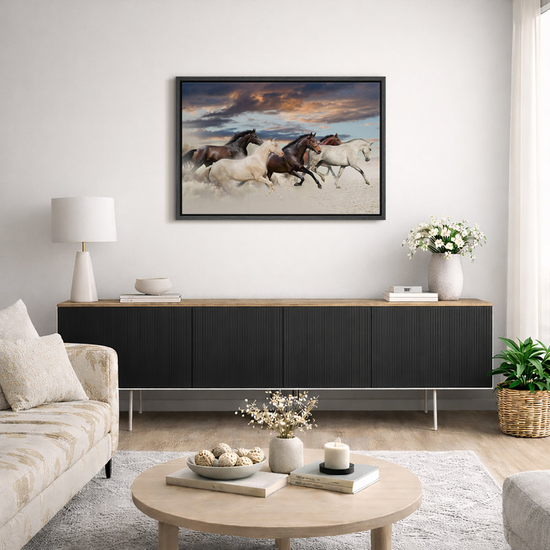 Running Horses Landscape Artwork, Dynamic Nature Animal Scene Pictures, Framed Canvas Giclee Print Wall Art, Black Frame