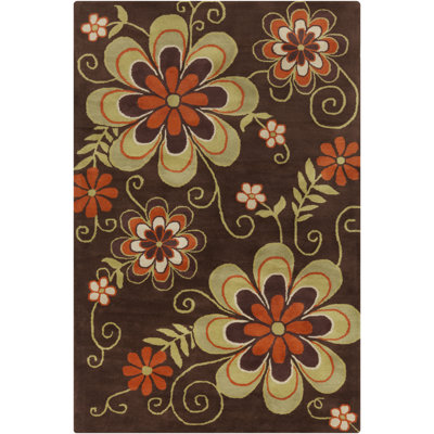 Ailey Authentic Hand-Tufted Handmade Orange & Green Painterly Floral Design on Brown Wool Area Rug
