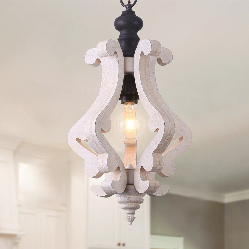 Farmhouse Cottage 1-Light Wood Chandelier With Adjustable Chain For Kitchen Island, Cream White