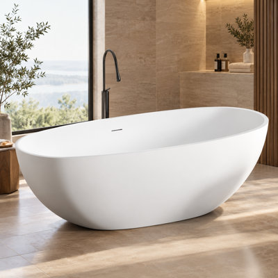 KAKUSIGA 65.2" Freestanding Soaking Bathtub, Solid Surface Stone Resin Tub