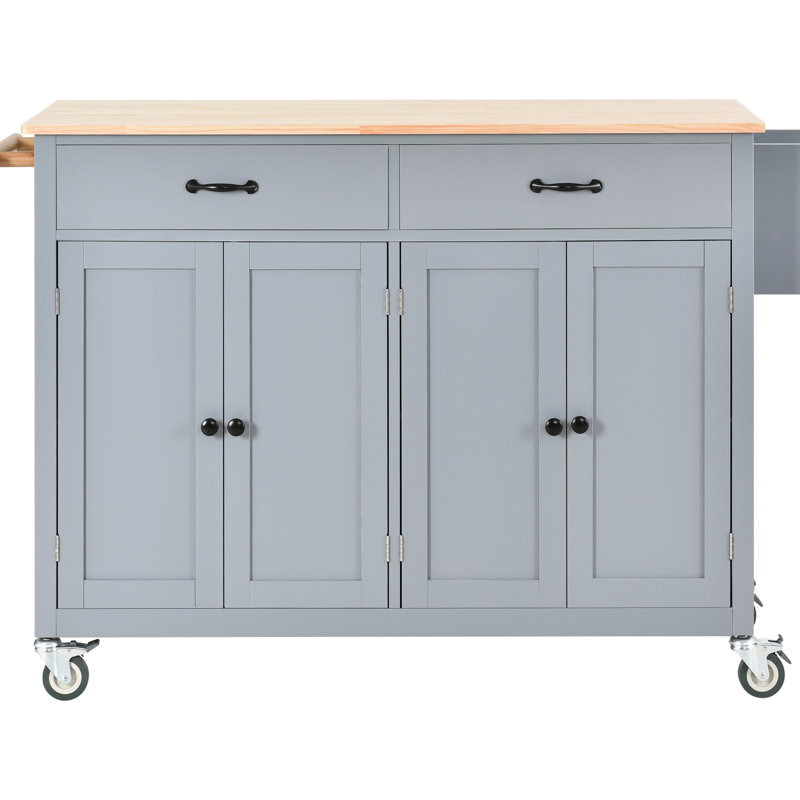 Solid Wood Kitchen Island Cart With 4 Door Cabinet, 2 Drawers, Spice & Towel Rack, Locking Wheels (grey Blue Version Storage And Worktop,