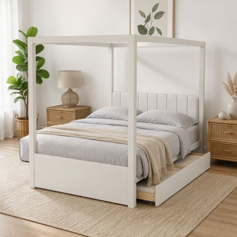 Lit plateforme à baldaquin avec gigogne et trois tiroirs de rangement, beige, Double, Linen