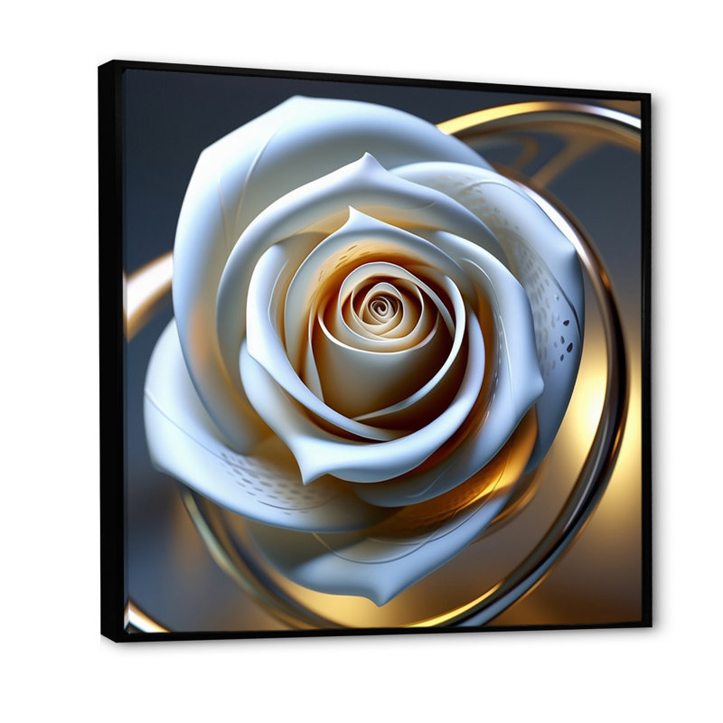 Rose blanche Exquiste avec pétales glamour dorés, H 30 po x l 30 po x P 1 po, Cadre flottant noir