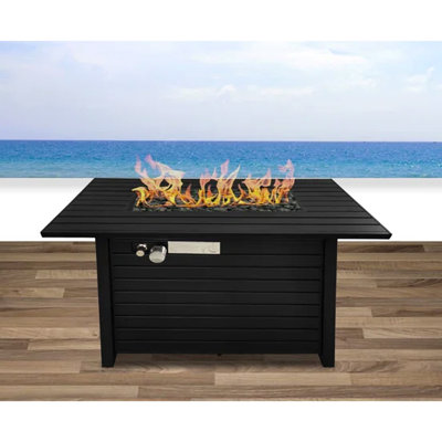 Table de foyer d'extérieur au propane en acier de 24 po de hauteur - noir, finition patinée, base à lattes, couvercle, pierres de lave, perles de verre, flamme réglable, terrasse avec chauffage extérieur, base pour look aéré, housse, réglable