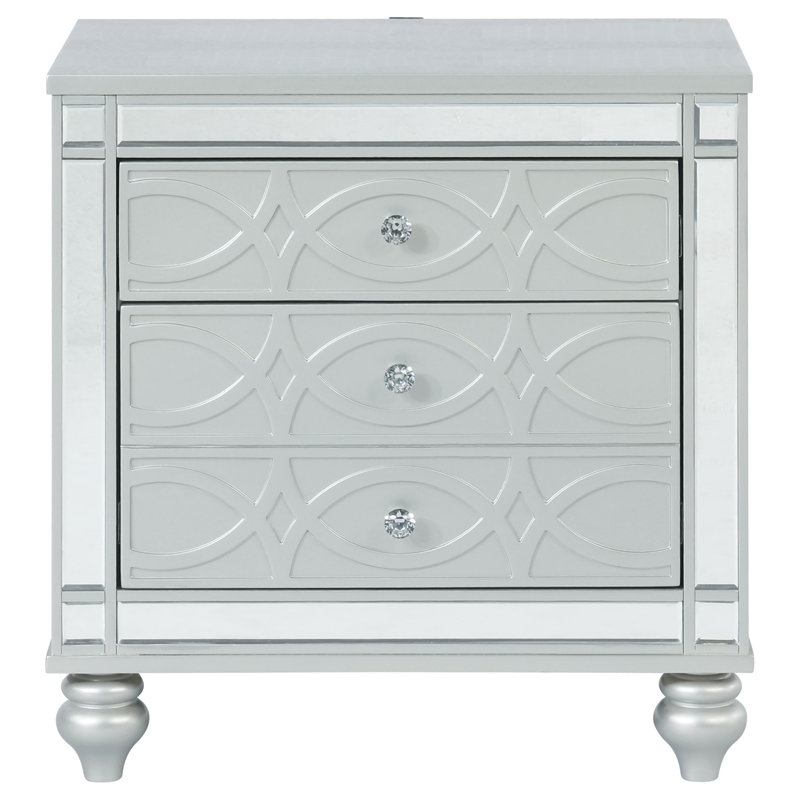 Silver Metallic 2-Drawer Nightstand with Mirror Trim and Acrylic Pulls