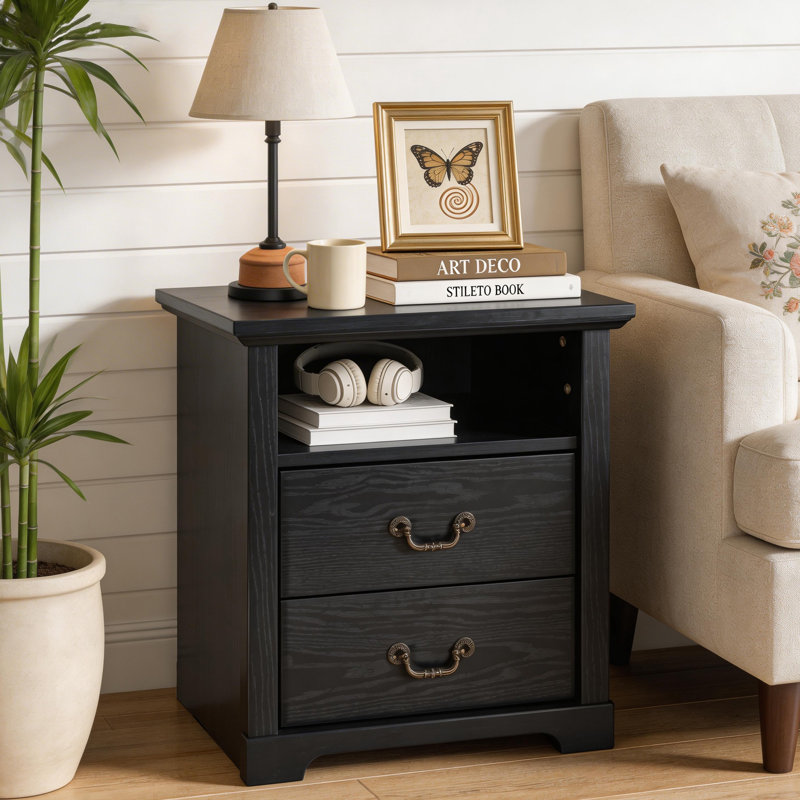 Rutland en bois rustique de 21,8 po avec 2 tiroirs de rangement, table de chevet avec tablette ouverte pour la chambre à coucher