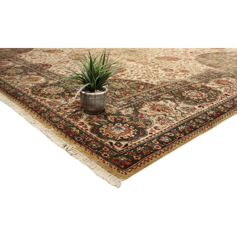 Agra Oriental Hand-Knotted Wool Brown/Beige Area Rug, Rectangle 9'1" x 12'7"