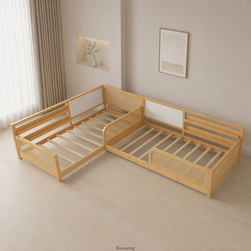 Cadre de lit simple en forme de L pour 2 enfants, lits convertibles détachables avec tableaux blancs, lit pour enfants en rotin avec bibliothèques et lumières, naturel