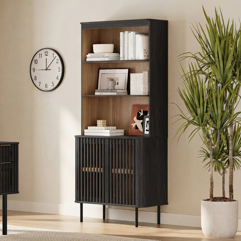 Bibliothèque 72,8 pouces en bois avec rangement, bibliothèque moderne Mid-Century avec tablette réglable, Noir