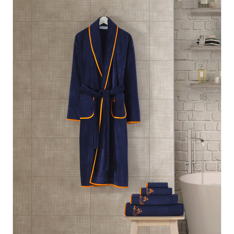 Peignoir 100% coton cheville avec poches, Bleu marine