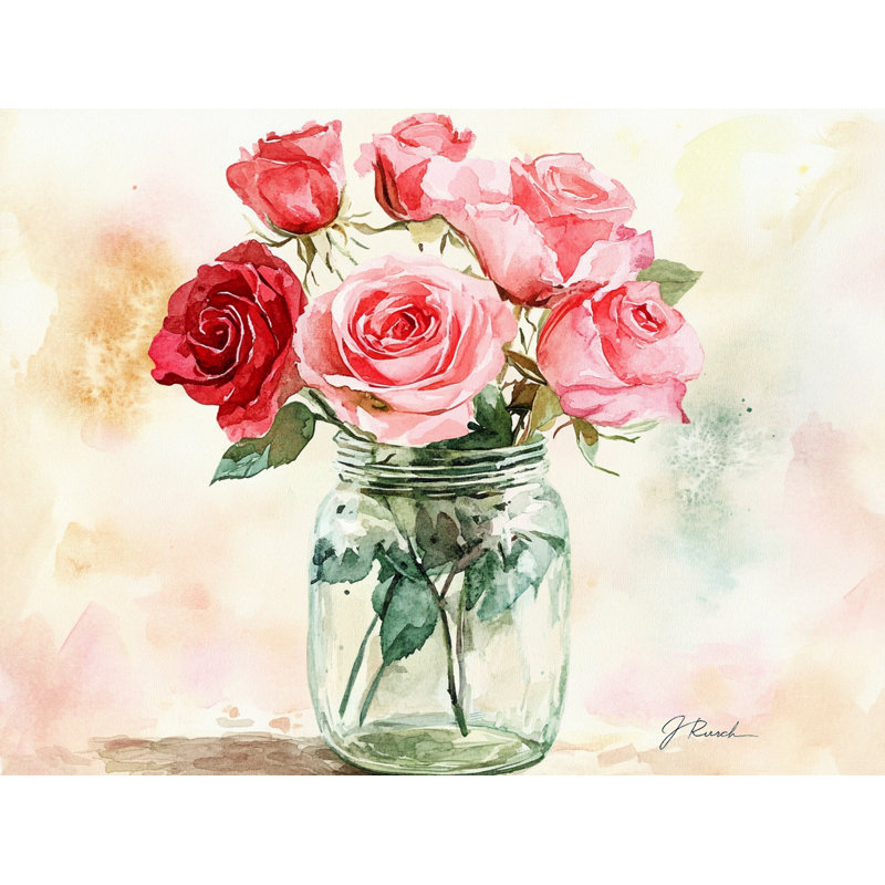 Roses dans un pot Mason - Art mural aquarelle sur toile