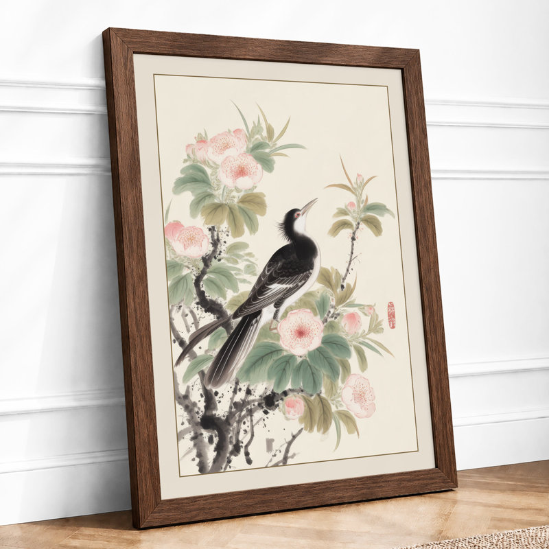 Bird Among Blossoms Japandi - Framed Print, A1 - 84.1 x 59.4 cm, Walnut