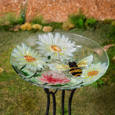 Daises & Bees Handpainted Glass Birdbath, 18in