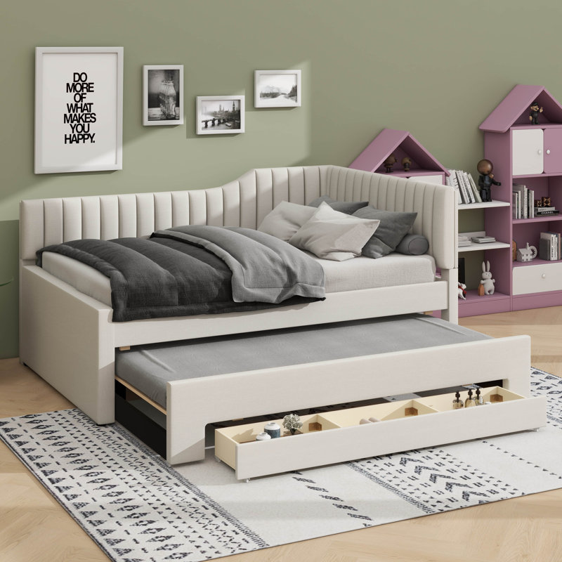 Lit de jour moelleux avec couchette gigogne et tiroirs spacieux, Lit double, Blanc