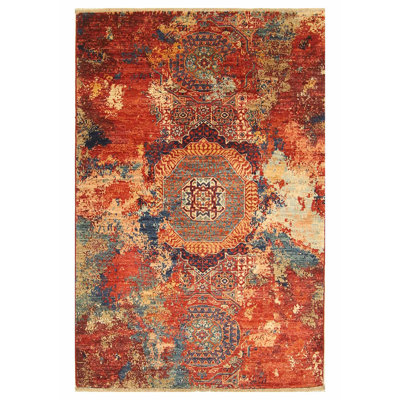 Hand Knotted Wool Area Rug in Red/Blue/Beige/Gray