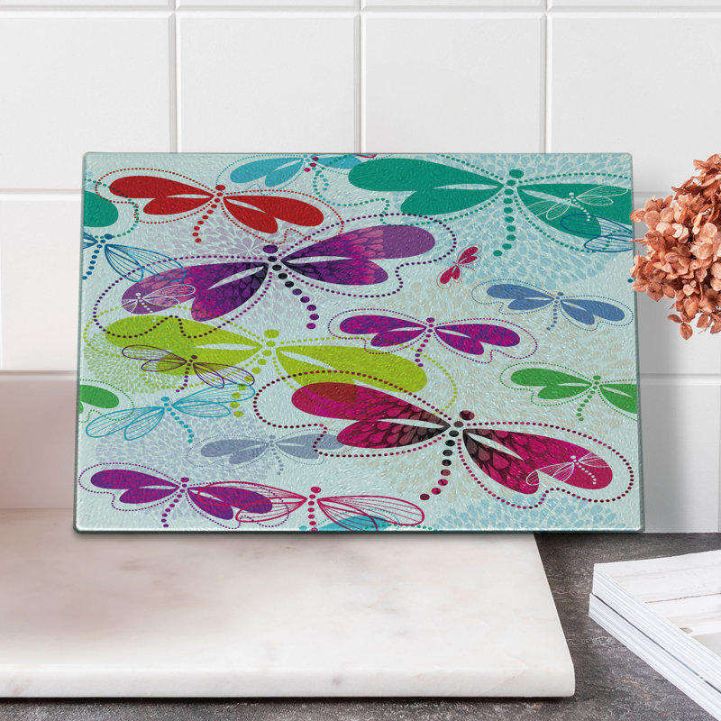Ambesonne Abstract Tempered Glass Cutting Board Hydrangea Dragonflies Multicolor