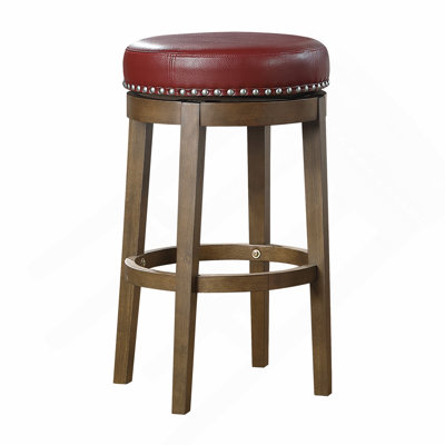 Ensemble de 2 tabourets de bar ronds et pivotants, siège pivotant à 360 degrés en similicuir rouge avec garniture cloutée et cadre en bois massif à finition brune