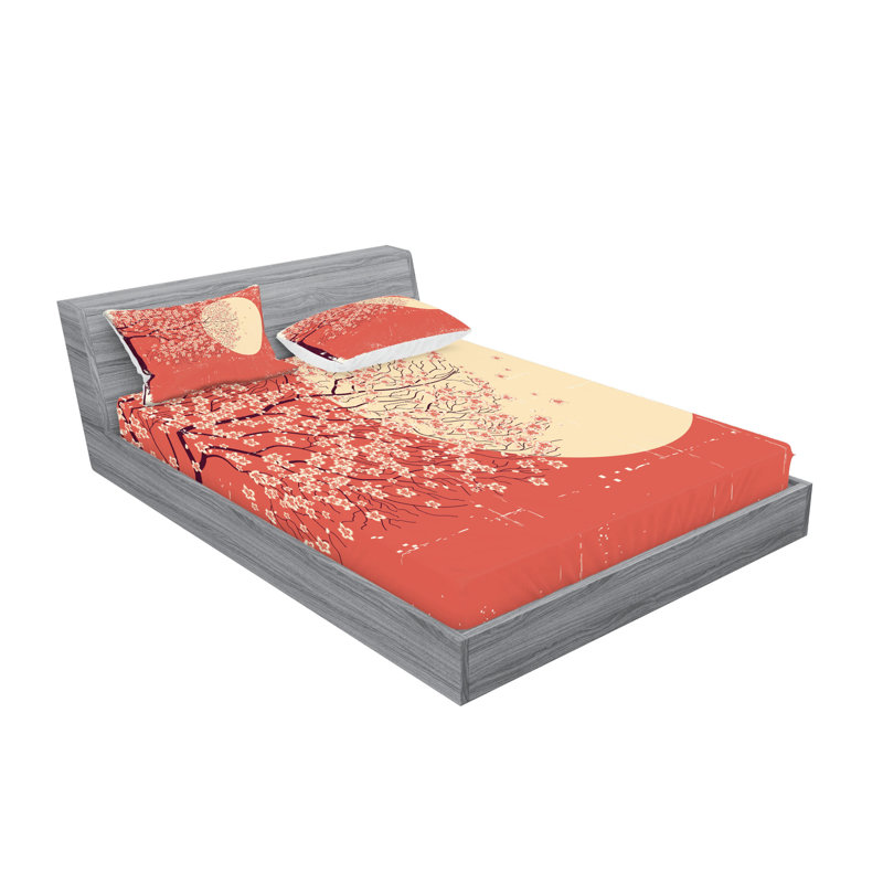 Drap-housse et coussin japonais Ambesonne, corail / prune jaune pâle, Ensemble de draps pour lit double + 5 pièces supp