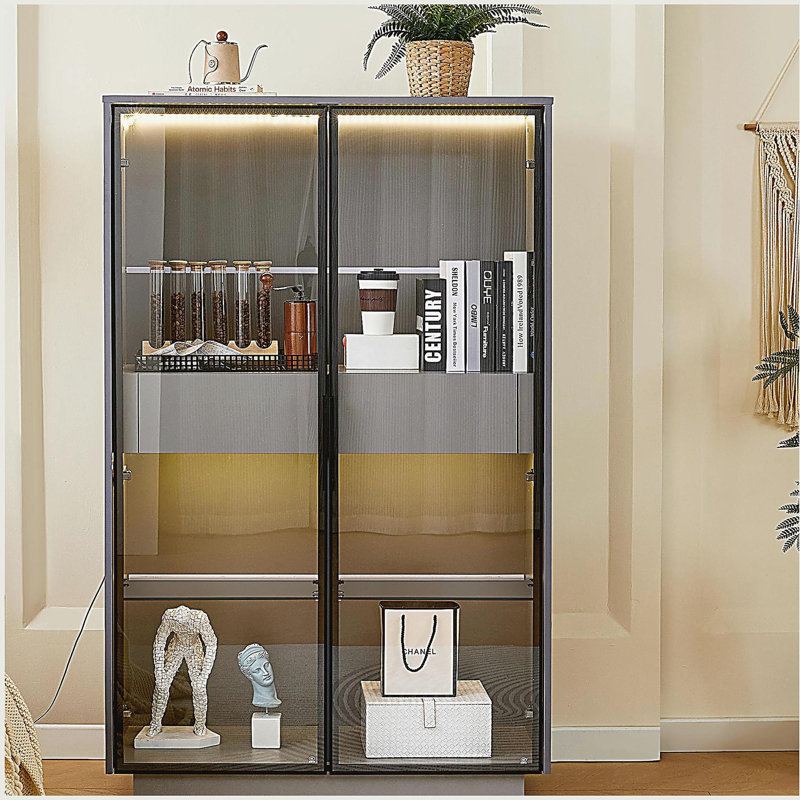 Vitrine 60,6 po avec 2 tiroirs de rangement, garde-manger avec portes en verre et éclairage DEL, bibliothèque moderne avec tablettes réglables