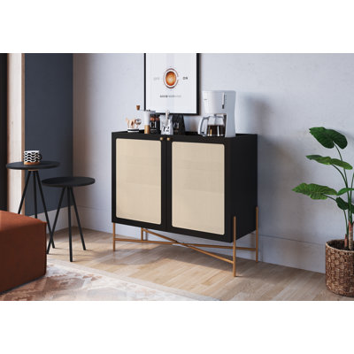 Cheyeene Bar Cabinet Gold Iron Leg 2 Rattan Accent Door Sideboard