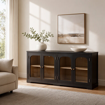 Buffet moderne de 173 cm (68 po) avec 6 portes vitrées cintrées, meuble de rangement et étagères réglables, grand buffet pour salon, cuisine ou entrée.