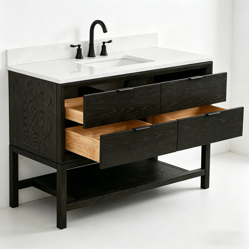 48" Freestanding  Single Sink Solid Wood Dark Brown Oak Bathroom Vanity with Engineered Marble Top, Dark Brown Oak 