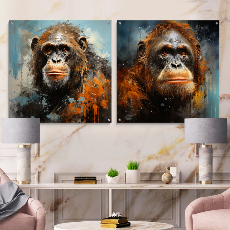 Orang-outan orang-outan, ensemble de 2 art mural en verre acrylique, H 36 po x l 73 po
