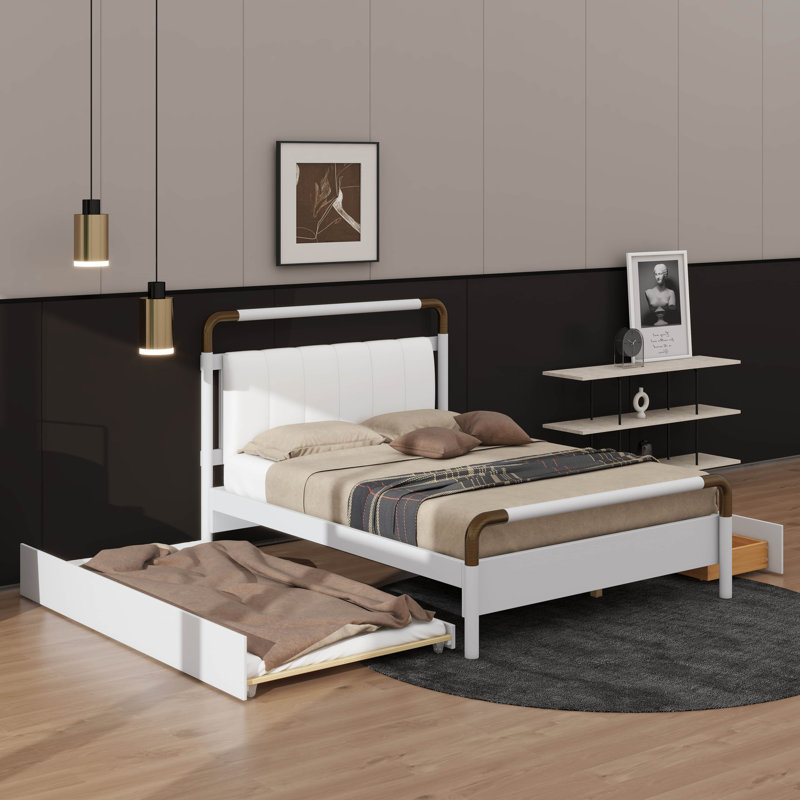 Grand lit plateforme en bois avec rangement, 2 tiroirs spacieux et un lit gigogne gigogne T-XL, Blanc