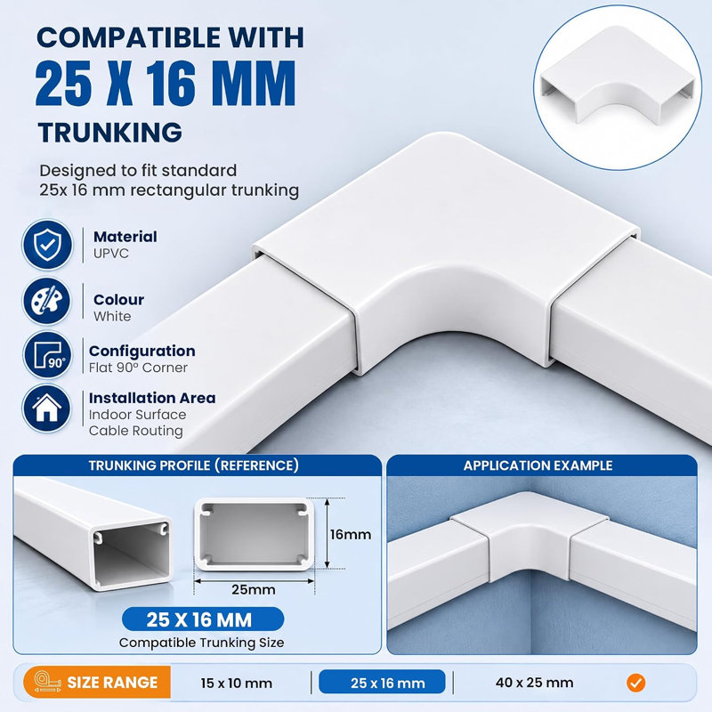 90 Degree Cable Trunking Bend Connector, 15mm x 10mm, White, Pack of 10, 2.5cm H x 4cm W x 2.5cm D
