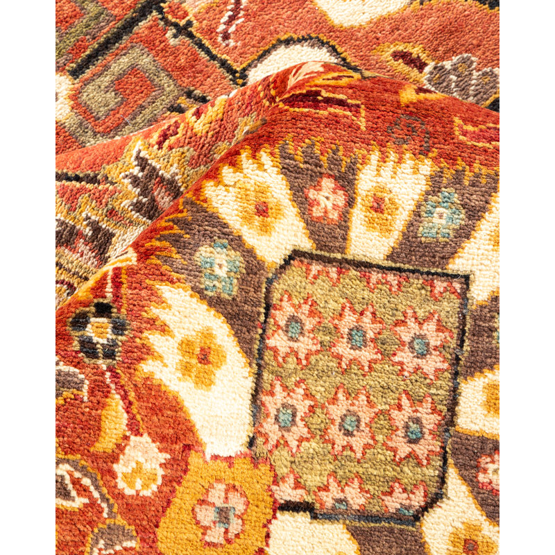 Tapis unique ivoire / sable / rouge noué à la main 7 pi 10 po x 10 pi 6 po Soghra