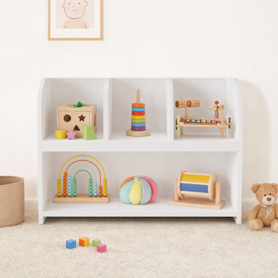 Kids Bookshelf Toy Storage Organizer, 2-Tier Open Cubby Bookcase with Divided Compartments, Freestanding Wooden Children Storage Cabinet for Playroom, Nursery, Kids Bedroom, White