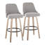 Ensemble de 2 tabourets pivotants de 30 pouces à hauteur fixe avec structure en bois blanchi, siège en tissu gris clair, garnitures cloutées en laiton et repose-pieds en métal noir.
