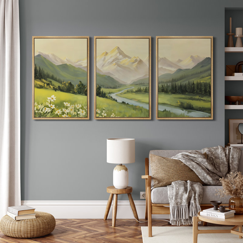 «Golden Mountain Valley with River and Wildflowers», reproduction d'art sur toile encadrée 3 pièces, Cadre naturel