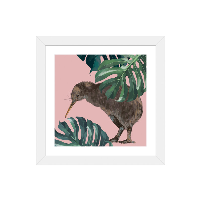 Kiwi oiseau avec monstera art, H 16 po x l 16 po x P 1 po, Papier avec cadre blanc