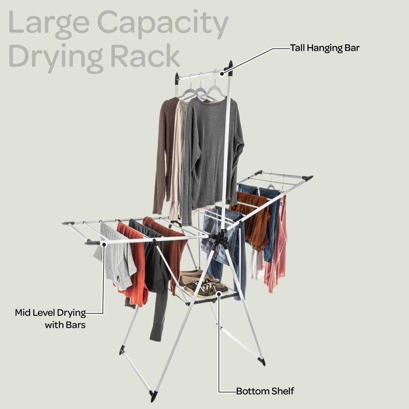 Clothes Drying Rack - 2-Level Laundry Drying Rack with 24 Drying Rails, Hanging Bar, and 2 Height-Adjustable Wings - Indoor/Outdoor Foldable Drying Rack