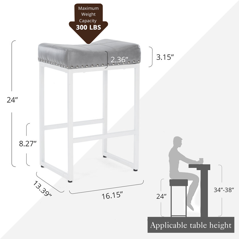Cushioned Backless Counter & Bar Stools With Metal Frame, With Upholstered Seat, Leathersoft, Light Gray