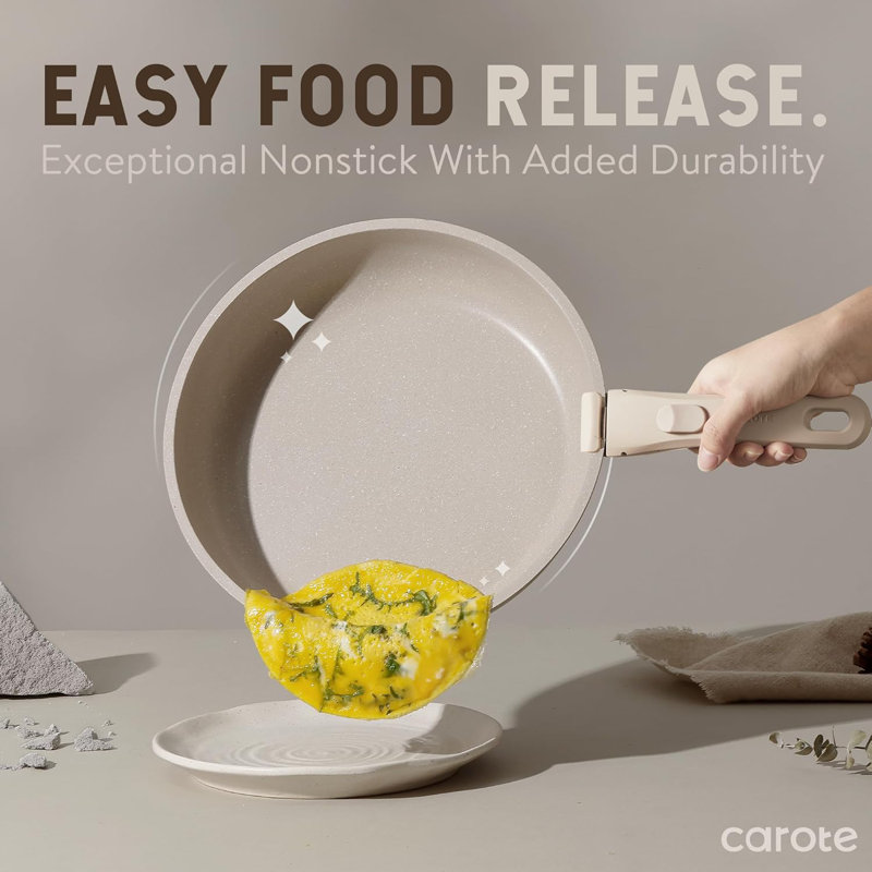 CAROTE 18-Piece Nonstick Cookware Set with Detachable Handle, Taupe