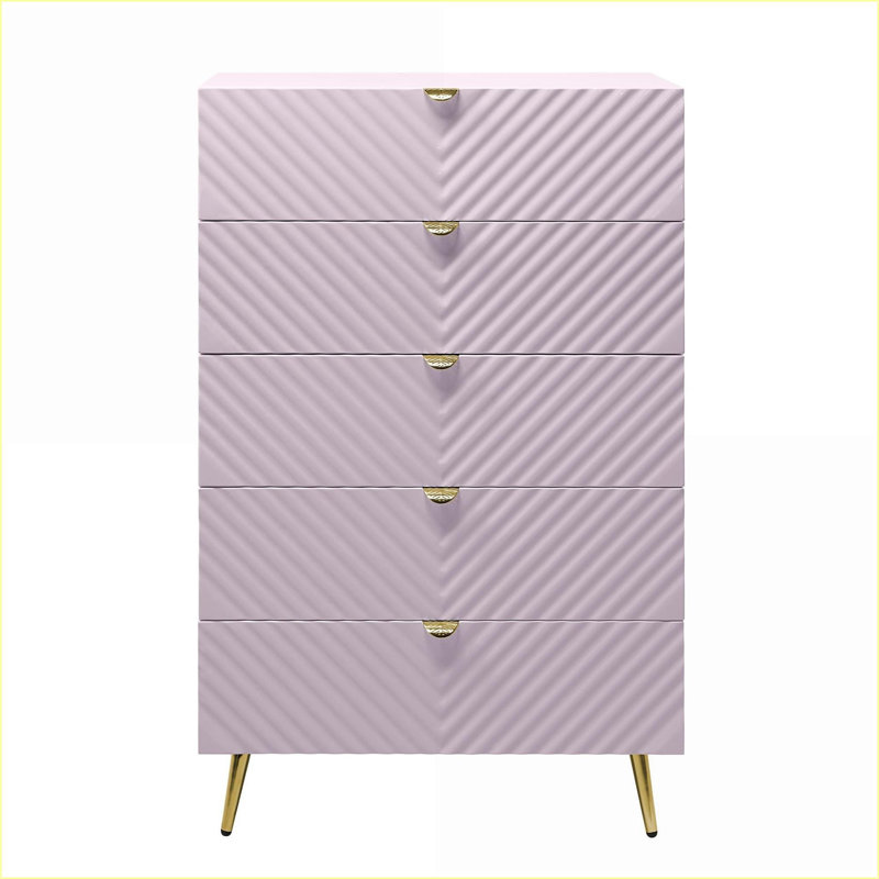 Commode, commode rose moderne à 5 tiroirs avec motif à vagues | Métal, bois synthétique