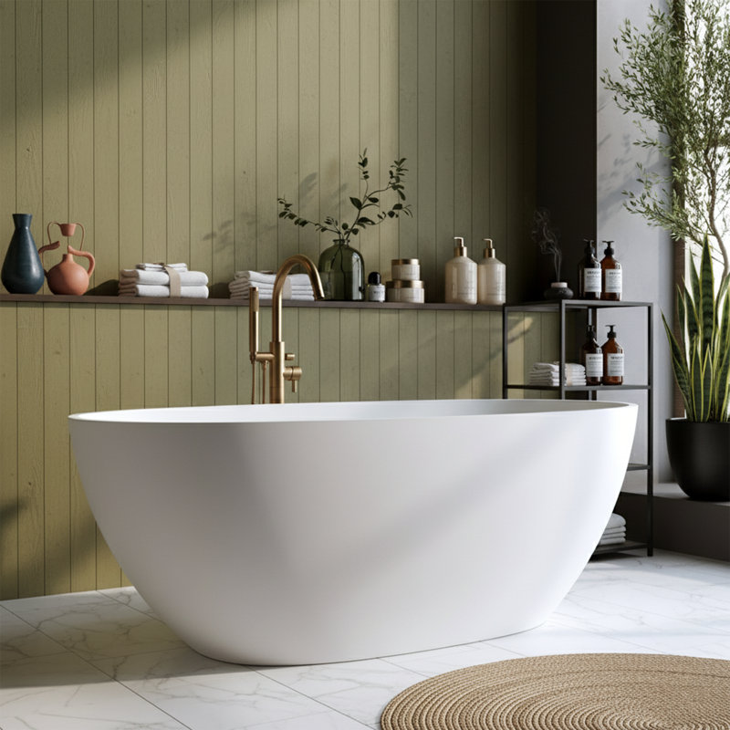 Oval 59''Freestanding Stone-Resin Soaking Tub – 21" Deep Soak, Matte White, Pop-Up Drain Included