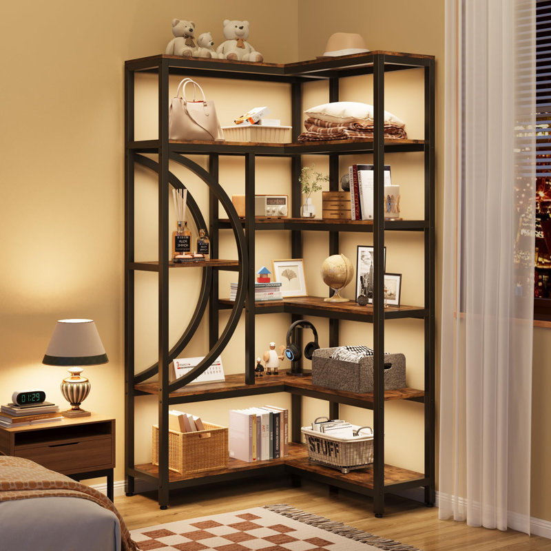 Modern Corner Bookshelf, 6 Tier Wooden Corner Bookcase, L-Shaped Storage Rack, Corner Solid Display Rack,Plant Stand