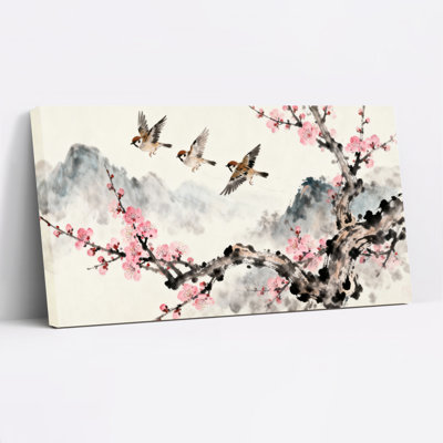 Tableau à l'encre de Chine représentant des fleurs de cerisier et des oiseaux, sur toile tendue (1 pièce)
