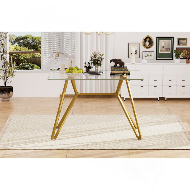 47.3-Inch Rectangular Glass Dining Table, Suitable For 1-6 People, Modern Style Home Kitchen Dining Table, Equipped With Sturdy Metal Table Legs,Suitable For Dining Room,Living Rooms, Offices, Gold